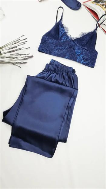 İpek Saten 8 li Çeyizlik Pijama Seti - Lacivert Dantelli Sabahlık Gecelik Şort 8000MS