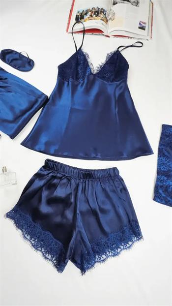 İpek Saten 8 li Çeyizlik Pijama Seti - Lacivert Dantelli Sabahlık Gecelik Şort 8000MS