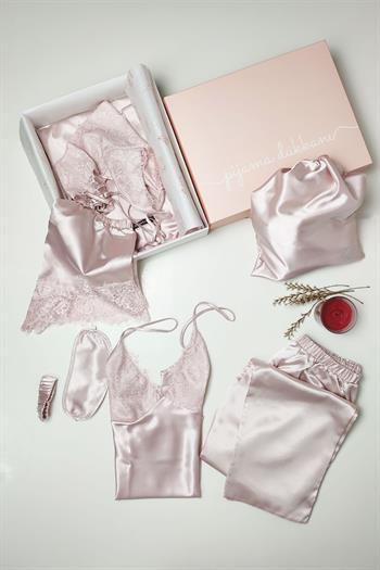 İpek Saten 8 li Çeyizlik Pijama Seti - Pudra Dantelli Sabahlık Gecelik Şort 8000MS
