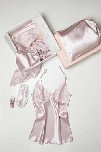 İpek Saten 8 li Çeyizlik Pijama Seti - Pudra Dantelli Sabahlık Gecelik Şort 8000MS
