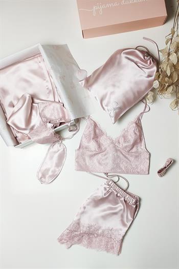 İpek Saten 8 li Çeyizlik Pijama Seti - Pudra Dantelli Sabahlık Gecelik Şort 8000MS