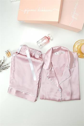 İpek Saten Boydan Düğmeli Kadın Pijama Takımı - Pembe Erkek Yaka Fiyonklu 8004MS