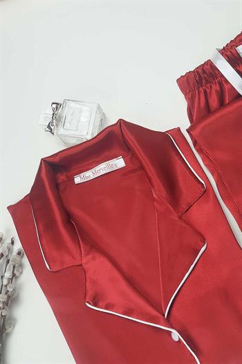 İpek Saten Boydan Düğmeli Kadın Pijama Takımı - Bordo Erkek Yaka Fiyonklu 8004MS