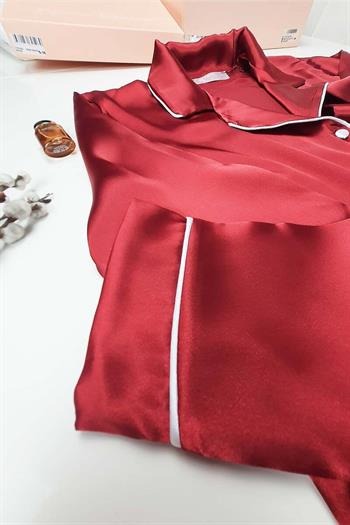 İpek Saten Boydan Düğmeli Kadın Pijama Takımı - Bordo Erkek Yaka Fiyonklu 8004MS