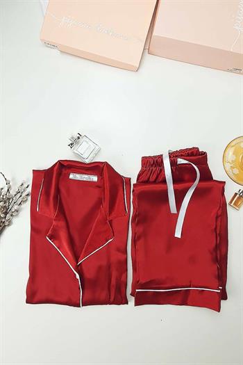 İpek Saten Boydan Düğmeli Kadın Pijama Takımı - Bordo Erkek Yaka Fiyonklu 8004MS