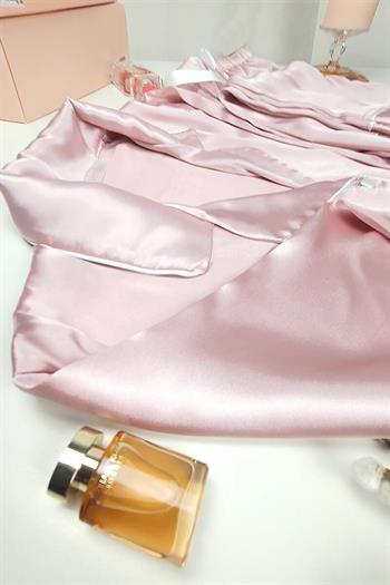 İpek Saten Boydan Düğmeli Kadın Pijama Takımı - Pembe Erkek Yaka Fiyonklu 8004MS