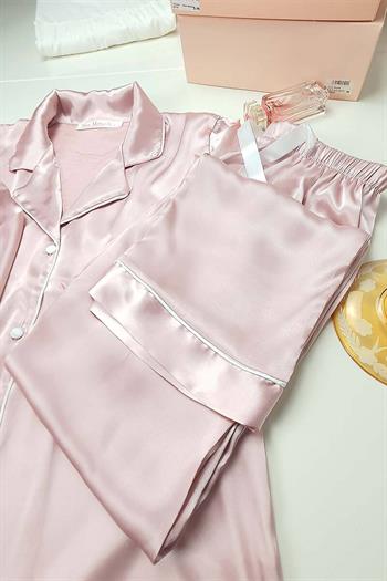 İpek Saten Boydan Düğmeli Kadın Pijama Takımı - Pembe Erkek Yaka Fiyonklu 8004MS