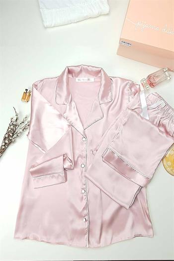İpek Saten Boydan Düğmeli Kadın Pijama Takımı - Pembe Erkek Yaka Fiyonklu 8004MS