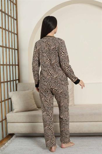 Kadın Pijama Takımı - Leopar Desenli Uzun Kollu Likralı Pamuk 2880UK