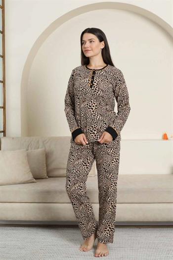 Kadın Pijama Takımı - Leopar Desenli Uzun Kollu Likralı Pamuk 2880UK