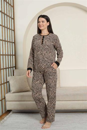Kadın Pijama Takımı - Leopar Desenli Uzun Kollu Likralı Pamuk 2880UK