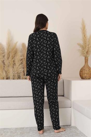 Kadın Pijama Takımı - Siyah Çiçek Desen Uzun Kollu Likralı Pamuk 2882UK
