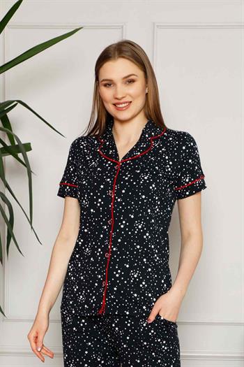 Kadın Pijama Takımı - Yıldız Desenli Önden Düğmeli Kısa Kollu Penye 2536KY