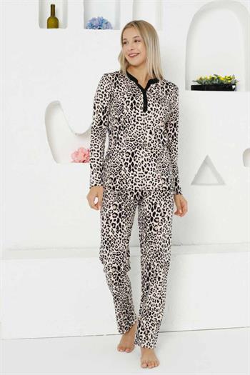 Kahverengi Leopar Uzun Kollu Bayan Pijama Takımı 2761UK