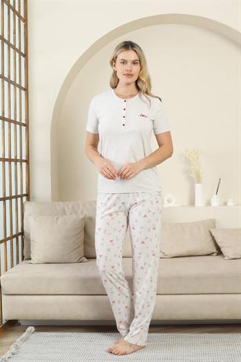 Kalp Desenli Kadın Pijama Takımı - Gri Melanj Kısa Kollu Likralı Viskon 2870KY
