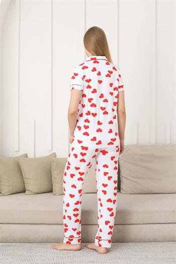 Kalp Desenli Kadın Pijama Takımı - Önden Düğmeli Likralı Kısa Kollu 2860KY