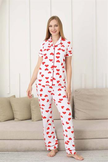 Kalp Desenli Kadın Pijama Takımı - Önden Düğmeli Likralı Kısa Kollu 2860KY