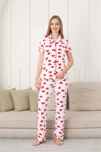 Kalp Desenli Kadın Pijama Takımı - Önden Düğmeli Likralı Kısa Kollu 2860KY