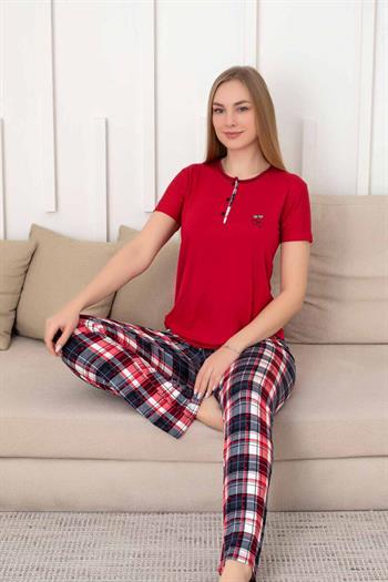 Kareli Kadın Pijama Takımı - 3 Düğme Kısa Kol Likralı Viskon  2848KY