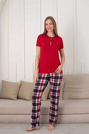 Kareli Kadın Pijama Takımı - 3 Düğme Kısa Kol Likralı Viskon  2848KY