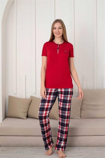 Kareli Kadın Pijama Takımı - 3 Düğme Kısa Kol Likralı Viskon  2848KY