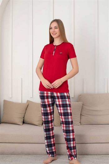 Kareli Kadın Pijama Takımı - 3 Düğme Kısa Kol Likralı Viskon  2848KY