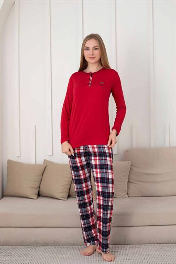 Kareli Kadın Pijama Takımı - 3 Düğme Uzun Kol Likralı Viskon  2848UY