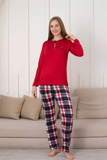 Kareli Kadın Pijama Takımı - 3 Düğme Uzun Kol Likralı Viskon  2848UY