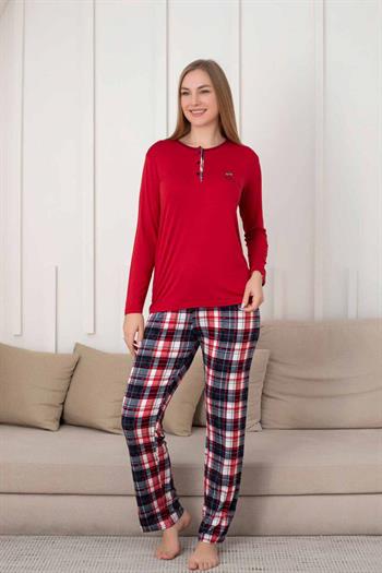 Kareli Kadın Pijama Takımı - 3 Düğme Uzun Kol Likralı Viskon  2848UY