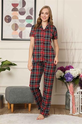 Kareli Önden Düğmeli Kısa Kollu Likralı Viskon Bayan Pijama Takımı 2523KY
