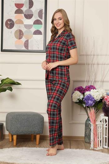 Kareli Önden Düğmeli Kısa Kollu Likralı Viskon Bayan Pijama Takımı 2523KY