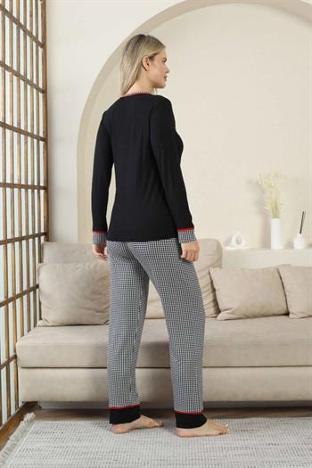 Kaz Ayağı Desenli Kadın Pijama Takımı - Siyah 3 Düğmeli Uzun Kollu Likralı Rink Viskon 2871UY