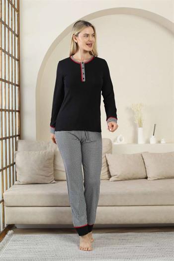 Kaz Ayağı Desenli Kadın Pijama Takımı - Siyah 3 Düğmeli Uzun Kollu Likralı Rink Viskon 2871UY