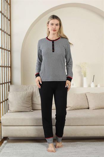 Kaz Ayağı Desenli Kadın Pijama Takımı - Siyah 3 Düğmeli Uzun Kollu Likralı Rink Viskon 2869UY