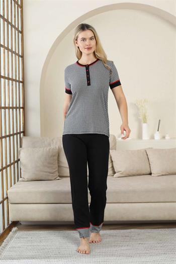 Kaz Ayağı Desenli Kadın Pijama Takımı - Siyah 3 Düğmeli Kısa Kollu Likralı Rink Viskon 2869KY