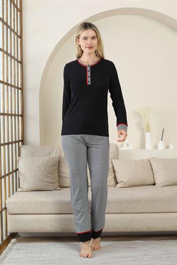 Kaz Ayağı Desenli Kadın Pijama Takımı - Siyah 3 Düğmeli Uzun Kollu Likralı Rink Viskon 2871UY