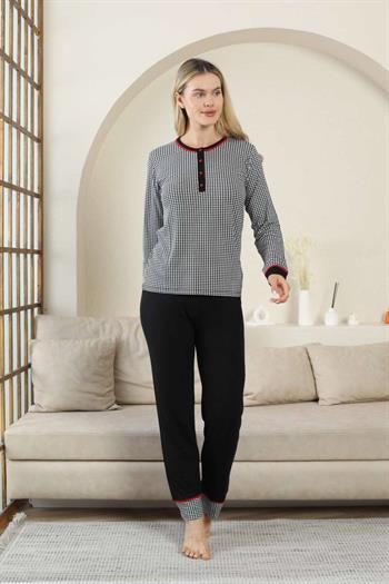 Kaz Ayağı Desenli Kadın Pijama Takımı - Siyah 3 Düğmeli Uzun Kollu Likralı Rink Viskon 2869UY