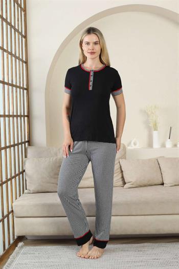Kaz Ayağı Desenli Kadın Pijama Takımı - Siyah 3 Düğmeli Kisa Kollu Likralı Rink Viskon 2871KY