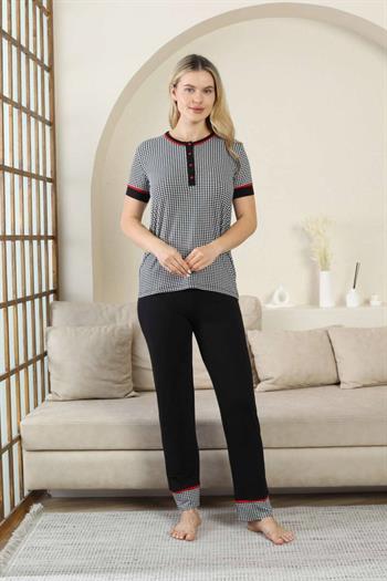 Kaz Ayağı Desenli Kadın Pijama Takımı - Siyah 3 Düğmeli Kısa Kollu Likralı Rink Viskon 2869KY