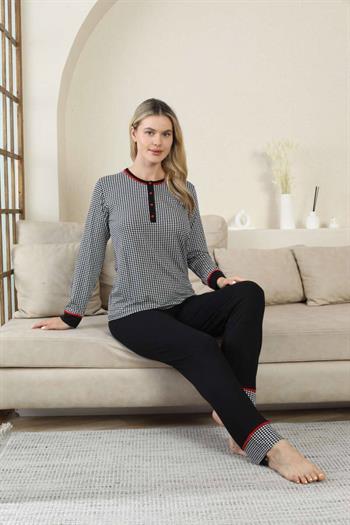 Kaz Ayağı Desenli Kadın Pijama Takımı - Siyah 3 Düğmeli Uzun Kollu Likralı Rink Viskon 2869UY