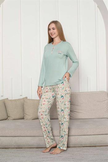 Kelebek Desenli Kadın Pijama Takımı - Su Yeşili 3 Düğmeli Uzun Kollu Likralı Rink Viskon 2876UY