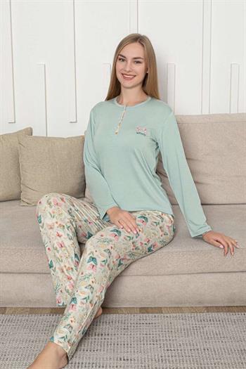 Kelebek Desenli Kadın Pijama Takımı - Su Yeşili 3 Düğmeli Uzun Kollu Likralı Rink Viskon 2876UY