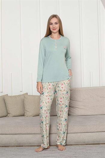 Kelebek Desenli Kadın Pijama Takımı - Su Yeşili 3 Düğmeli Uzun Kollu Likralı Rink Viskon 2876UY