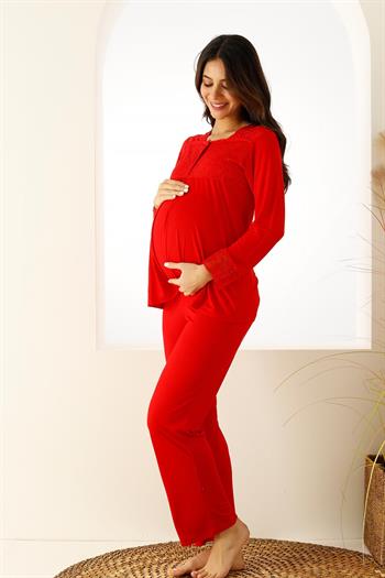 Kırmızı Dantelli Hamile Lohusa Pijama Takımı 2714UY