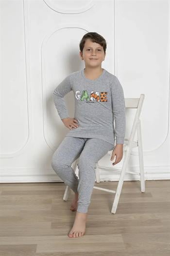 Kışlık Erkek Çocuk Pijaması - Gri Renk İki İplik Baskılı 5172UKL