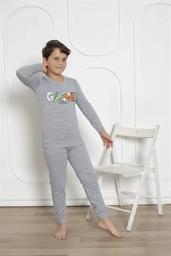 Kışlık Erkek Çocuk Pijaması - Gri Renk İki İplik Baskılı 5172UKL
