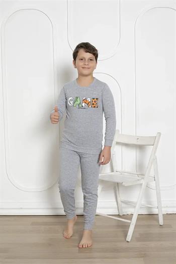 Kışlık Erkek Çocuk Pijaması - Gri Renk İki İplik Baskılı 5172UKL
