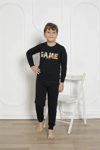 Kışlık Erkek Çocuk Pijaması - Siyah Renk İki İplik Baskılı 5172UKL