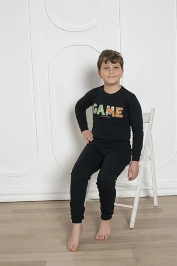 Kışlık Erkek Çocuk Pijaması - Siyah Renk İki İplik Baskılı 5172UKL