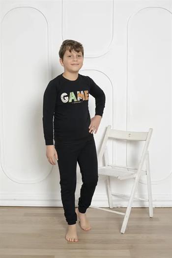 Kışlık Erkek Çocuk Pijaması - Siyah Renk İki İplik Baskılı 5172UKL